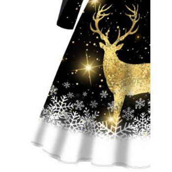 Christmas Elk Snowflake Print Long Sleeve Dress Cross Bowknot Belted A Line Dress