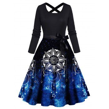 

Flower Galaxy Moon Star Pattern Dress Crisscross Bowknot Belted High Waisted A Line Midi Dress, Blue