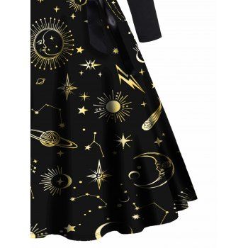 Sun Moon Planet Star Print Dress Bowknot Belted Crisscross High Waisted Long Sleeve A Line Midi Dress