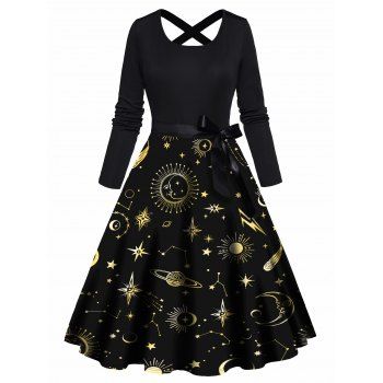 

Sun Moon Planet Star Print Dress Bowknot Belted Crisscross High Waisted Long Sleeve A Line Midi Dress, Black