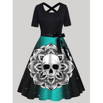 

Gothic Dress Skull Flower Pattern Colorblock Crisscross Bowknot Belted High Waisted A Line Midi Dress, Black