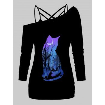 

Cat Moon Forest Pattern Skew Neck Long Sleeve T Shirt And Plain Lattice Strap Cami Top Two Piece Set, Black