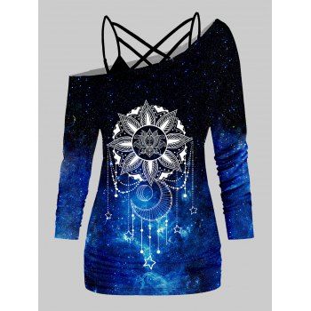 

Galaxy Flower Star Moon Print Skew Neck Long Sleeve T Shirt And Plain Lattice Strap Cami Top Two Piece Set, Blue