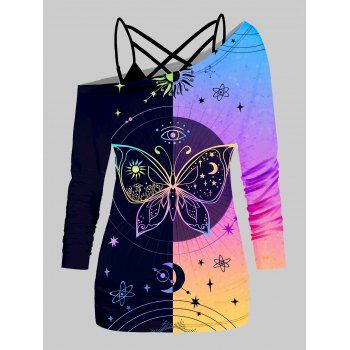 

Colorblock Butterfly Moon Star Print Skew Neck Long Sleeve T Shirt And Plain Lattice Strap Cami Top Two Piece Set, Multicolor