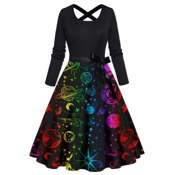 

Colored Planet Star Sun Pattern Dress Bowknot Belted Crisscross High Waisted A Line Midi Dress, Black