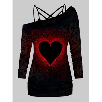 

Two Tone Color Heart Print Skew Neck Long Sleeve T Shirt And Plain Color Lattice Strap Cami Top Two Piece Set, Black