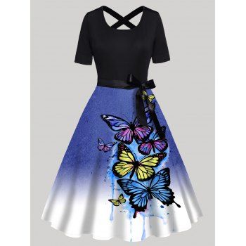 Ombre Dress Colored Butterfly Print Bowknot Belted Crisscross High Waisted A Line Midi Dress, Black