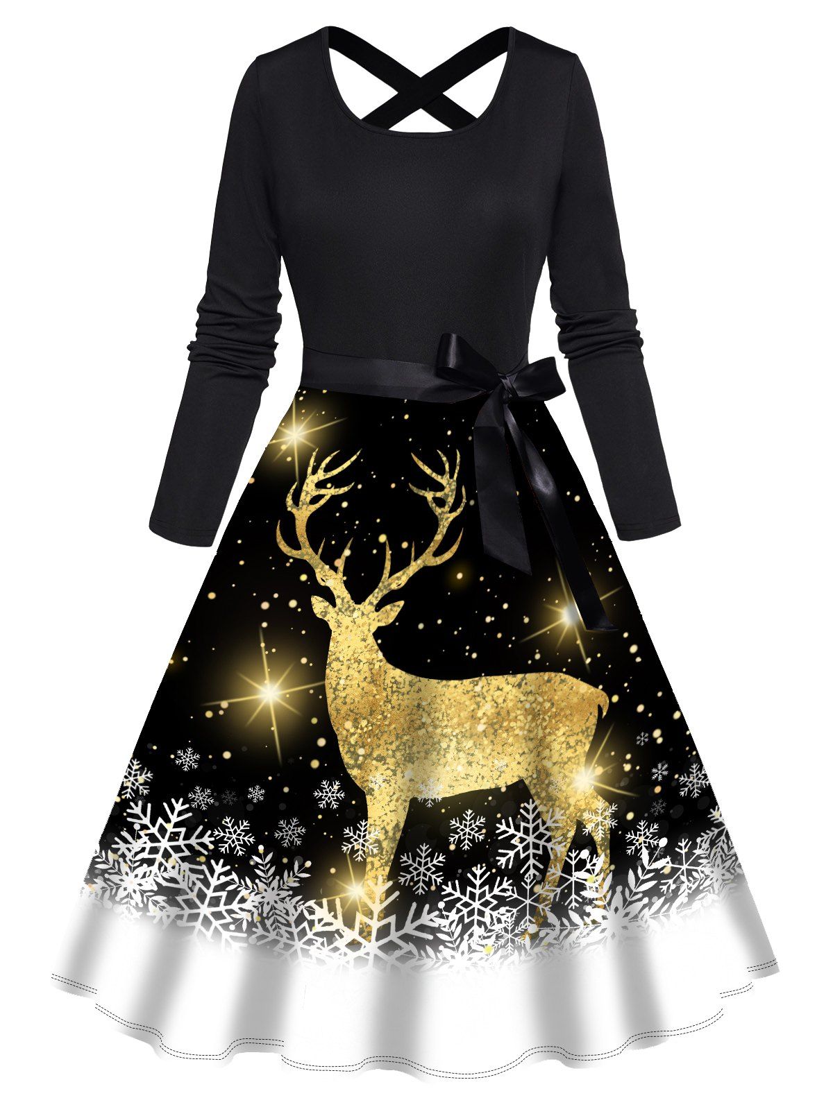 Christmas Elk Snowflake Print Long Sleeve Dress Cross Bowknot Belted A Line Dress - BLACK XXXL