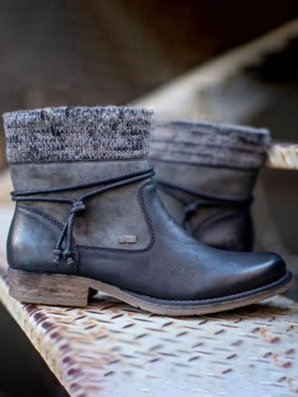 Round Toe Knit Panel Ankle Boots - Noir EU 36
