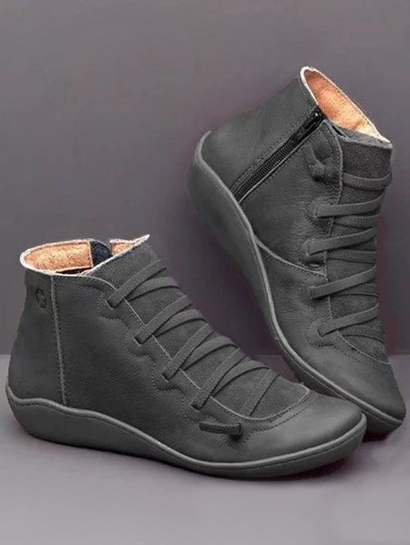 Side Zipper Lace Up Casual PU Ankle Boots - Gris EU 42