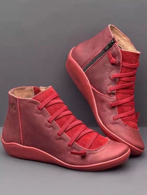 Side Zipper Lace Up Casual PU Ankle Boots - Rouge EU 42