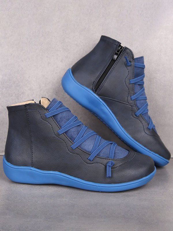 Side Zipper Lace Up Casual PU Ankle Boots - Bleu EU 42
