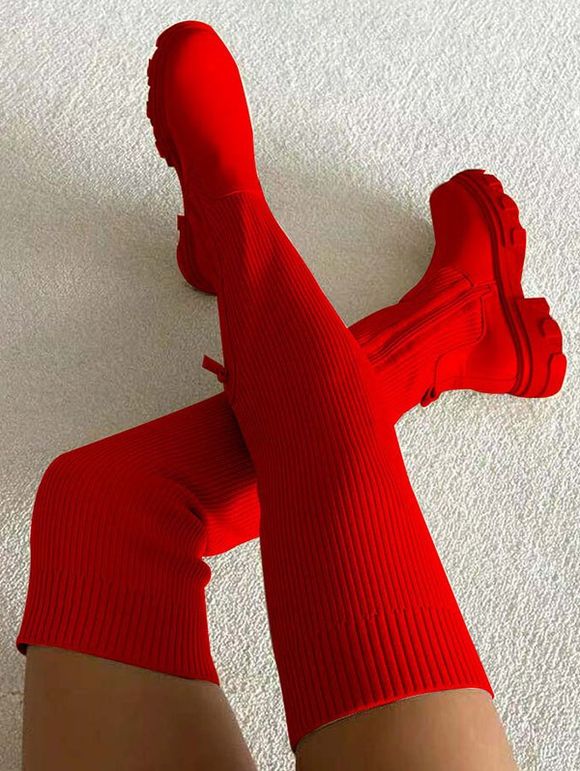 Solid Color Non Slip Zip Up Knit Panel Over The Knee Boots - Rouge EU 42