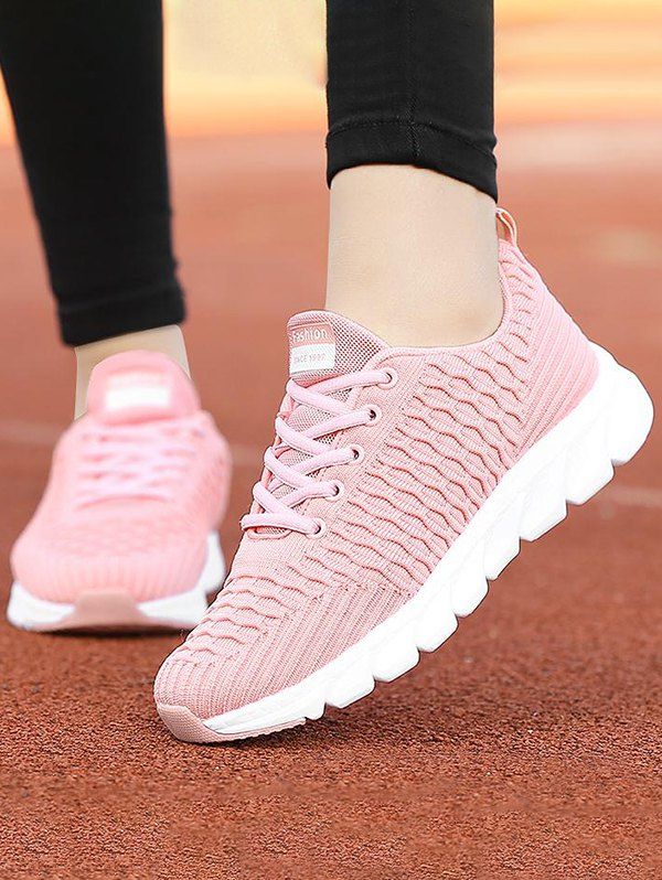 Textured Sports Shoes Plain Color Lace Up Running Shoes - Rose clair EU 42