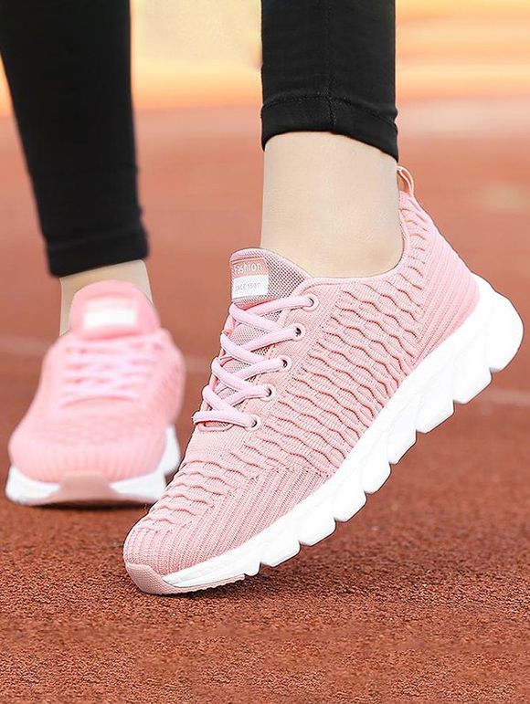 Textured Sports Shoes Plain Color Lace Up Running Shoes - Rose clair EU 40