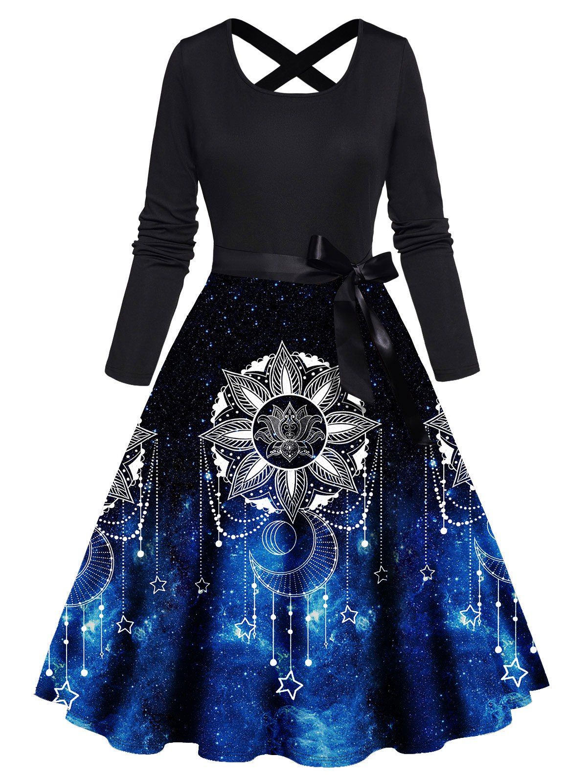 Flower Galaxy Moon Star Pattern Dress Crisscross Bowknot Belted High Waisted A Line Midi Dress - BLUE XXXL