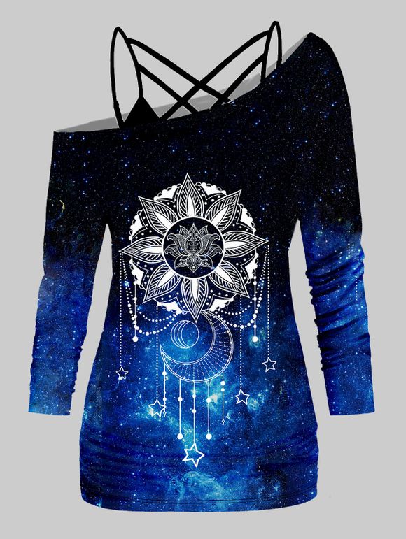 Ensemble de Haut Simple à Bretelle et T-shirt à Imprimé Etoile Lune et Galaxie en Treillis Deux Pièces - Bleu XL