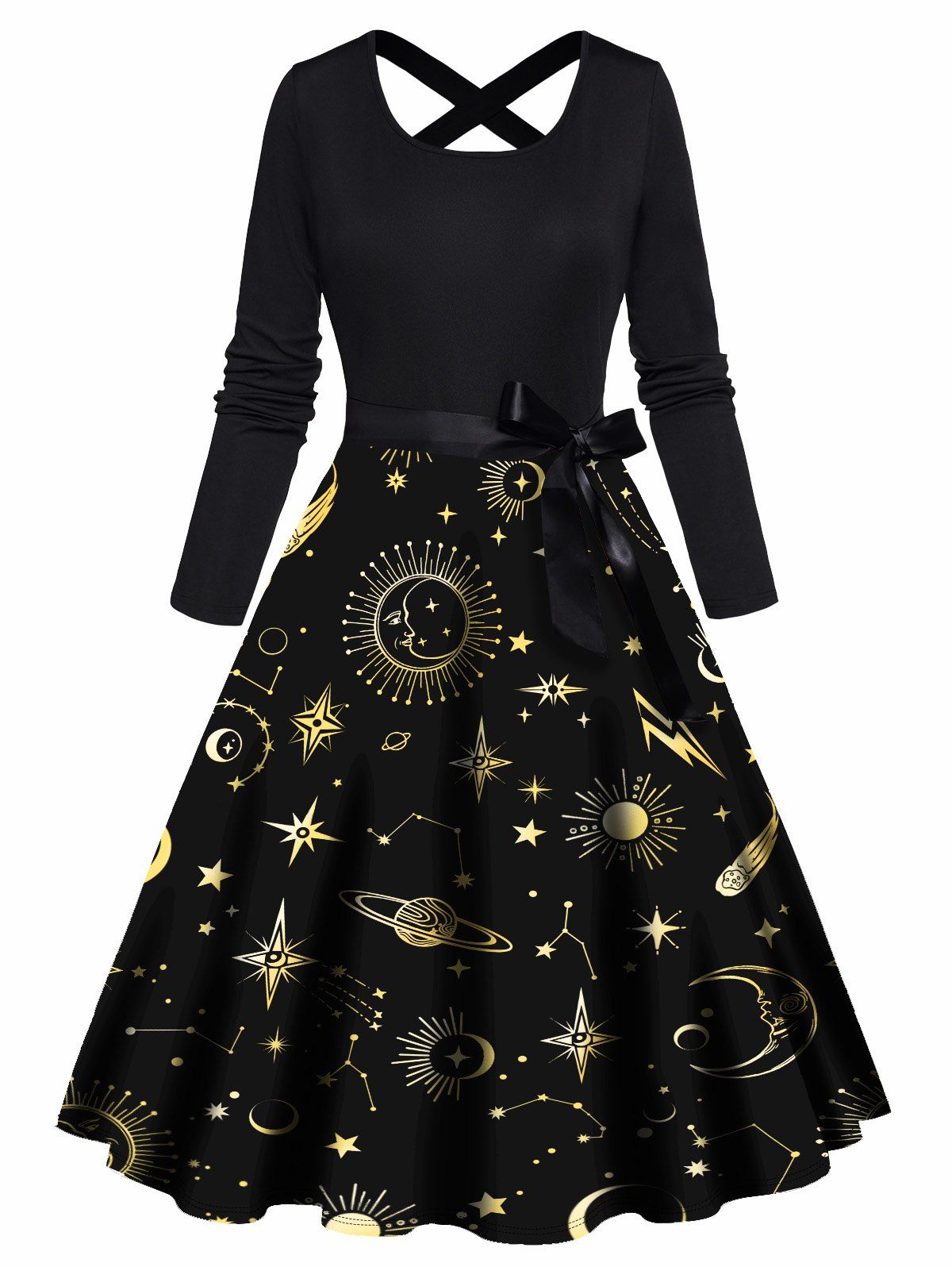 Sun Moon Planet Star Print Dress Bowknot Belted Crisscross High Waisted Long Sleeve A Line Midi Dress - BLACK XXL