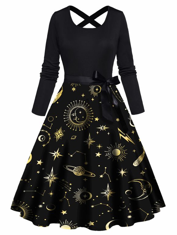 Sun Moon Planet Star Print Dress Bowknot Belted Crisscross High Waisted Long Sleeve A Line Midi Dress - BLACK L