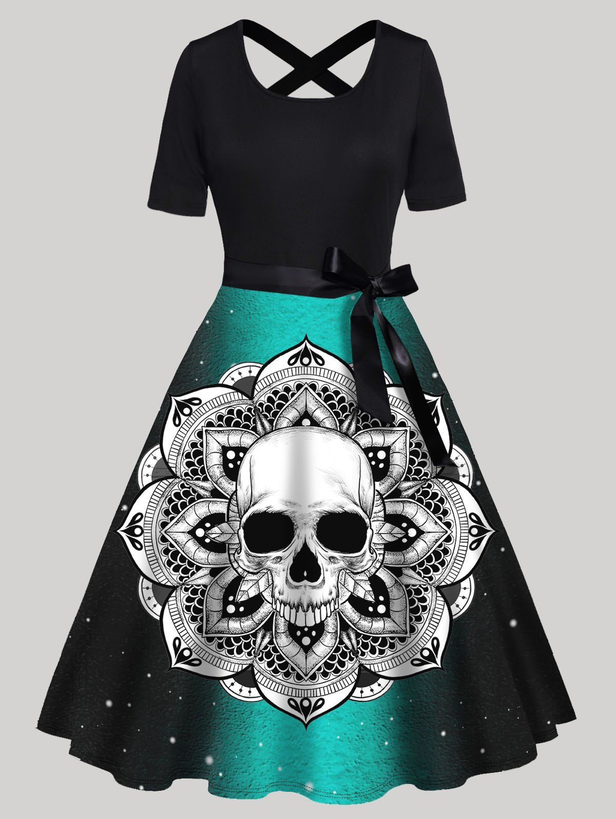 Gothic Dress Skull Flower Pattern Colorblock Crisscross Bowknot Belted High Waisted A Line Midi Dress - BLACK XXXL