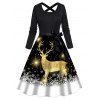Robe Ligne A Ceinturée Croisé à Imprimé Flocon de Neige et Cerf à Manches Longues - Noir XXL
