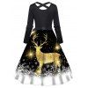 Christmas Elk Snowflake Print Long Sleeve Dress Cross Bowknot Belted A Line Dress - BLACK XXXL
