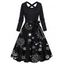 Robe Ligne A Mi-Longue Ceinturée Croisée Etoile Lune et Soleil à Taille Haute - Noir L