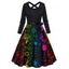 Robe Mi-Longue Ligne A Ceinturée Croisé Motif D'Etoile et de Planète Colorée - Noir M