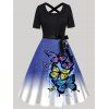 Ombre Dress Colored Butterfly Print Bowknot Belted Crisscross High Waisted A Line Midi Dress - BLACK XXXL