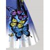 Ombre Dress Colored Butterfly Print Bowknot Belted Crisscross High Waisted A Line Midi Dress - BLACK XXXL