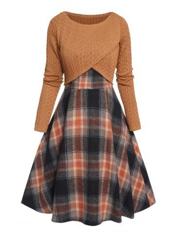 Crossover Cable Knit Cropped Knit Top And Vintage Plaid Print High Waisted A Line Mini Dress Two Piece Set
