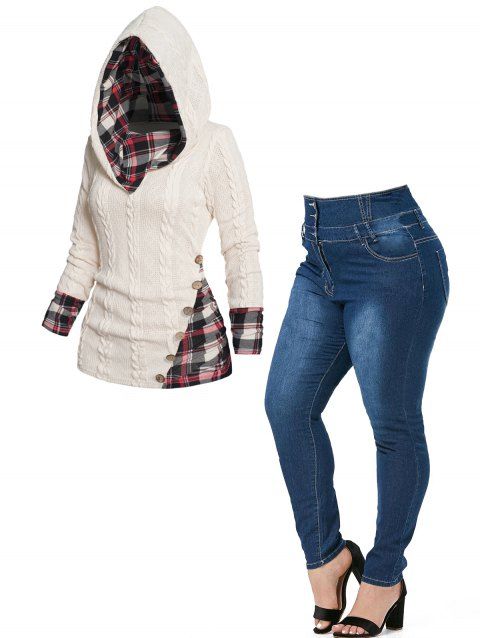 Plus Size Plaid Print Twisted Knit Mock Button Hooded Sweater And Zipper Fly High Waist Buttons Long Jeans Outfit