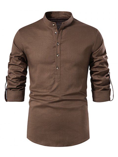 Plain Color Shirt Half Button Turn Down Collar Long Sleeve Casual Shirt