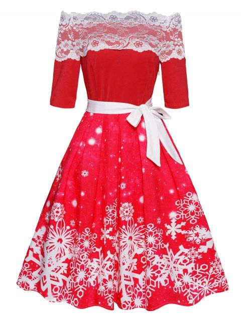Christmas Dress Snowflake Print Flower Lace Panel Off The Shoulder Belted A Line Mini Dress