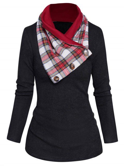 Long Sleeve Scoop Neck Solid Color Knit Top With Plaid Print Scarf