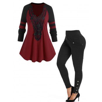 

Plus Size Colorblock Flower Lace Applique Long Sleeve T-shirt And Wide Elastic Waist Snap Buttons Skinny Long Pants Outfit, Multicolor