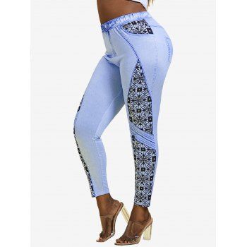 

3D Print Patterned Side Plus Size Jeggings, Light blue