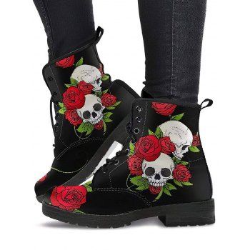 

Gothic Boots Skull Flower Pattern Lace Up Thick Heels Matin Boots, Black