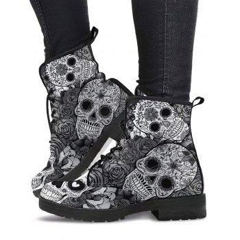 

Gothic Boots Skull Flower Pattern Lace Up Thick Heels Matin Boots, Gray