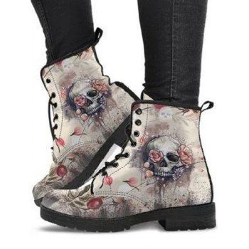 

Gothic Boots Skull Flower Pattern Lace Up Thick Heels Matin Boots, White