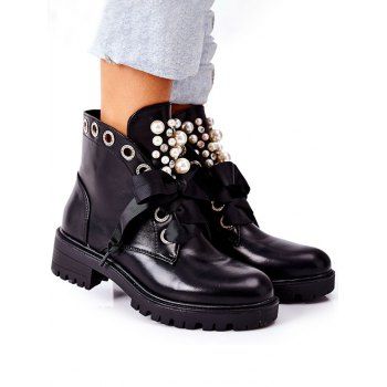Faux Pearl Rhinestone Lace Up Chunky Heel Matin Boots