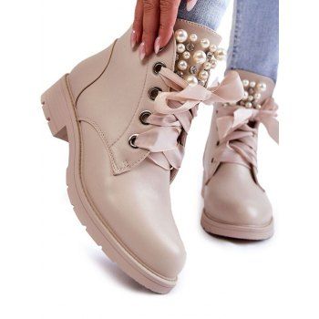

Faux Pearl Rhinestone Lace Up Chunky Heel Matin Boots, Light pink