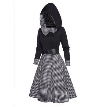 

Houndstooth Plaid Print Panel Hooded Dress Belted High Waisted Long Sleeve A Line Mini Dress, Black