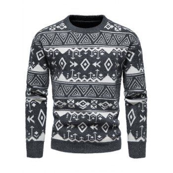 

Ethnic Sweater Geometric Pattern Long Sleeve Round Neck Pullover Sweater, Black