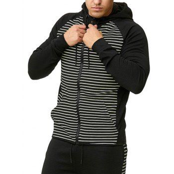 

Striped Pattern Hoodie Textured Zip Up Drawstring Pockets Long Sleeve Sweatshirt With Hood, Black