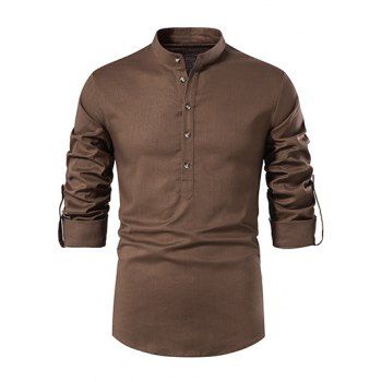 

Plain Color Shirt Half Button Turn Down Collar Long Sleeve Casual Shirt, Coffee