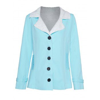 

Contrasting Fluffy Liner Coat Button Up Turn Down Collar Coat, Light blue