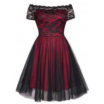 

Plus Size Party Dress Off The Shoulder Flower Lace Mesh Overlay Dress Short Sleeve Mini Cocktail Dress, Deep red