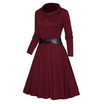 

Plain Color Textured Dress High Neck Belted High Waisted Long Sleeve A Line Mini Dress, Deep red