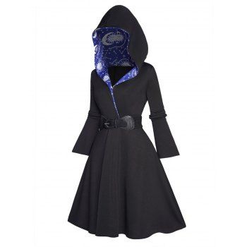 

Sun Moon Star Pattern Hooded Dress Belted High Waisted Long Sleeve A Line Midi Hoodie Dress, Black